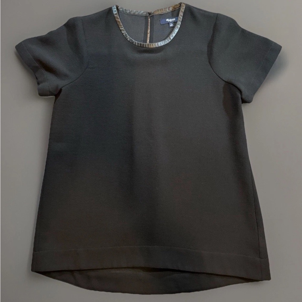 MADEWELL Blouse Womens X-Small Black Ponte Tailor Tee LeatherTrim Pleated Back